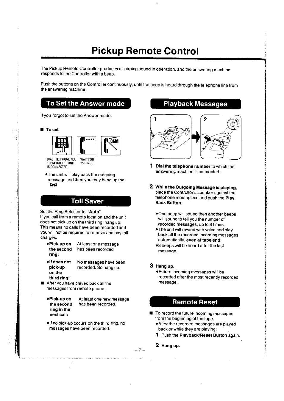 Playback messages, Toll saver, Remote reset | Pickup remote control | Panasonic KXT1418 User Manual | Page 8 / 9