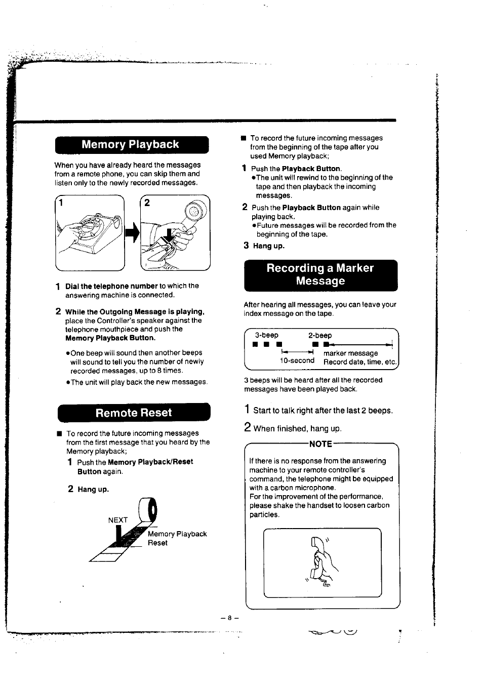 Memory playback, Remote reset, Recording a marker message | Panasonic KXT1418 User Manual | Page 9 / 9