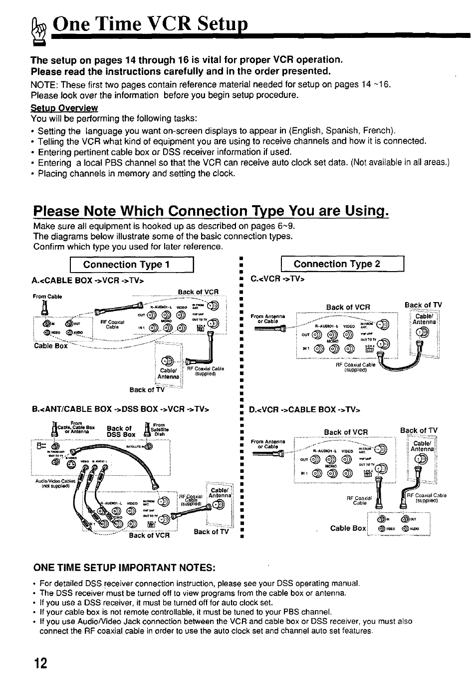 One time vcr setup, One time setup important notes | Panasonic PV-7664 User Manual | Page 12 / 44