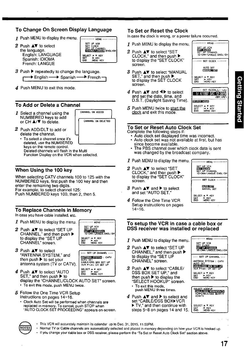 To change on screen display language, To add or delete a channel, When using the 100 key | To replace channels in memory, To set or reset the clock, To set or reset auto clock set | Panasonic PV-7664 User Manual | Page 17 / 44