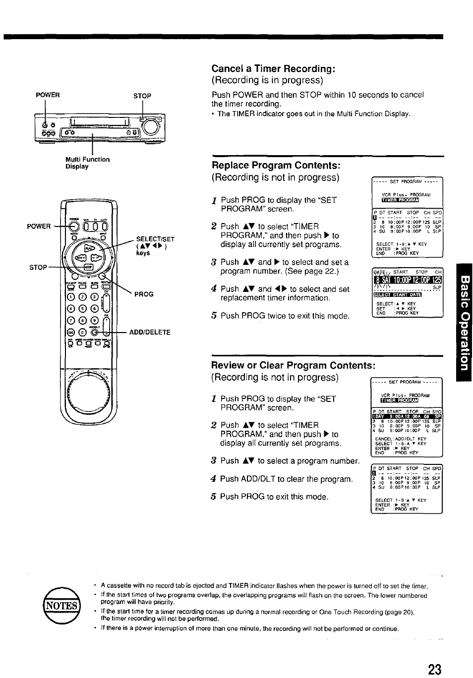 Cancel a timer recording, Recording is in progress), Replace program contents | Recording is not in progress), Sat 10:00p12;00p 125, Review or clear program contents | Panasonic PV-7664 User Manual | Page 23 / 44