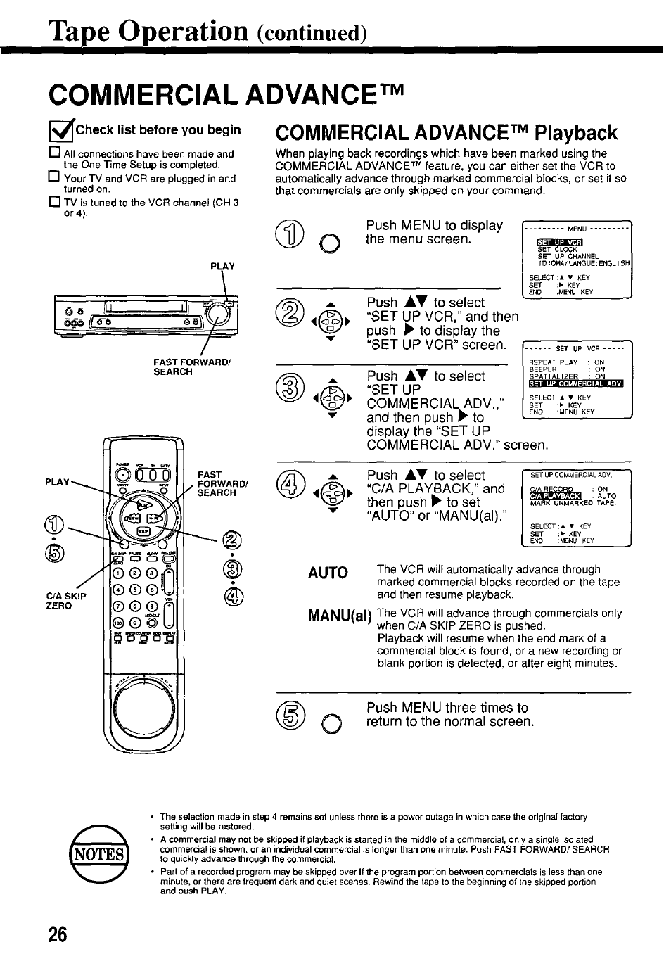 Tape operation (continued), Commercial advance, Pmaos) | Tape operation, Continued), Commercial advance™ playback, Manuial) | Panasonic PV-7664 User Manual | Page 26 / 44