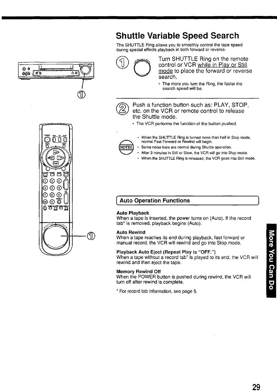 Shuttle variable speed search, Auto operation functions, Auto playback | Auto rewind, Auto repeat function | Panasonic PV-7664 User Manual | Page 29 / 44