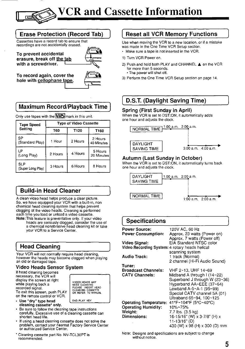 Vcr and cassette information, Erase protection (record tab), Reset all vcr memory functions | Maximum record/playback time, Build-in head cleaner, Head cleaning, Video heads sensor system, D.s.t. (daylight saving time), Spring (first sunday in aprii), Autumn (last sunday in october) | Panasonic PV-7664 User Manual | Page 5 / 44