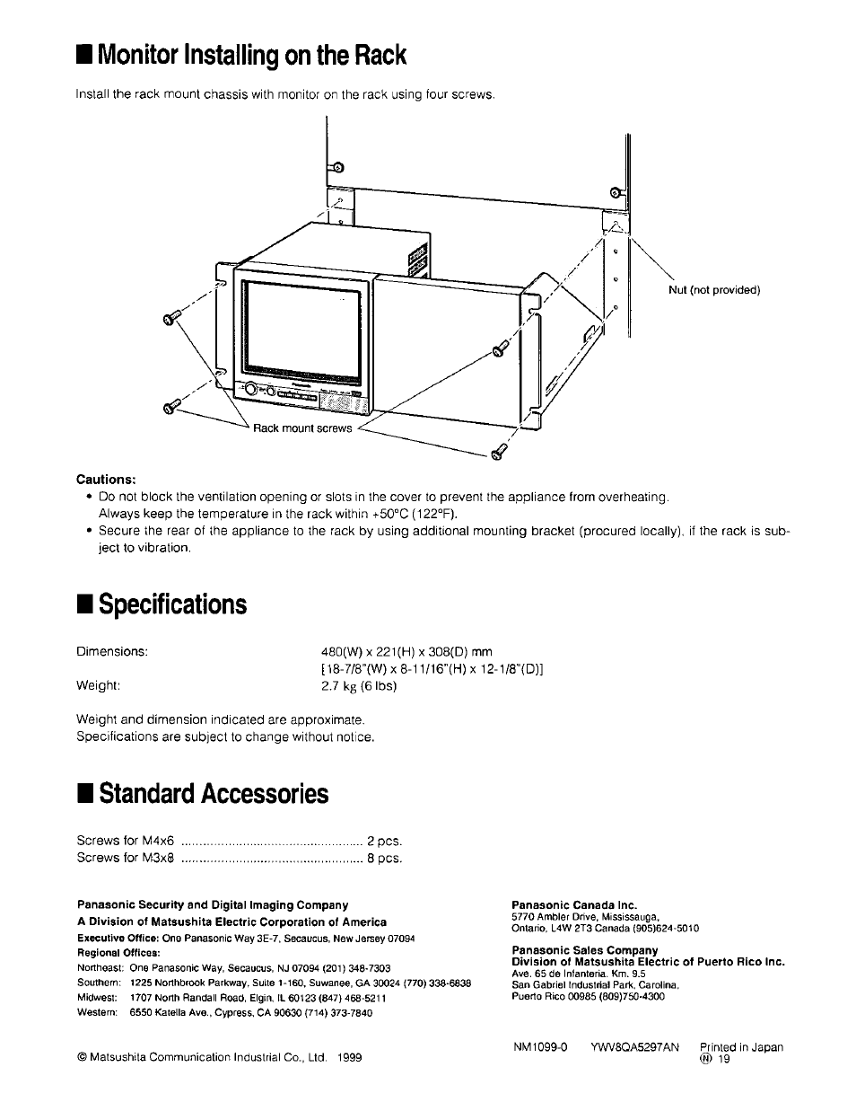 Cautions, Monitor installing on the rack, Specifications | Standard accessories | Panasonic NOTF FOUND WV-Q52A User Manual | Page 2 / 2