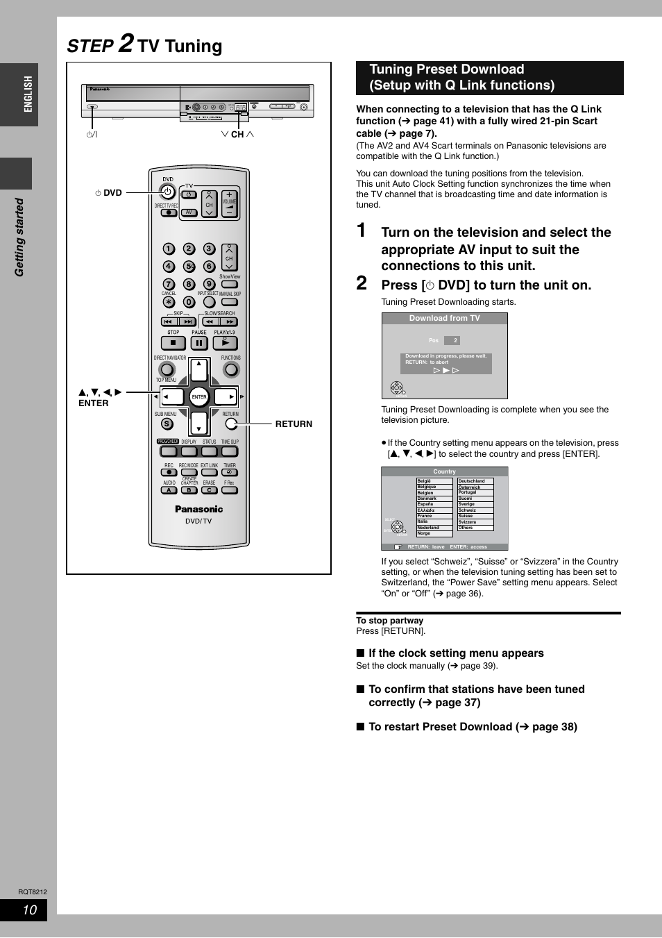 Step, Tv tuning, Press [ ^ dvd] to turn the unit on | Ge tti n g st art e d, If the clock setting menu appears | Panasonic DMR-ES20  EN User Manual | Page 10 / 48