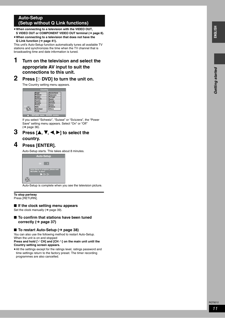 Press [ ^ dvd] to turn the unit on, Press [ e , r , w , q ] to select the country, Press [enter | Auto-setup (setup without q link functions) | Panasonic DMR-ES20  EN User Manual | Page 11 / 48
