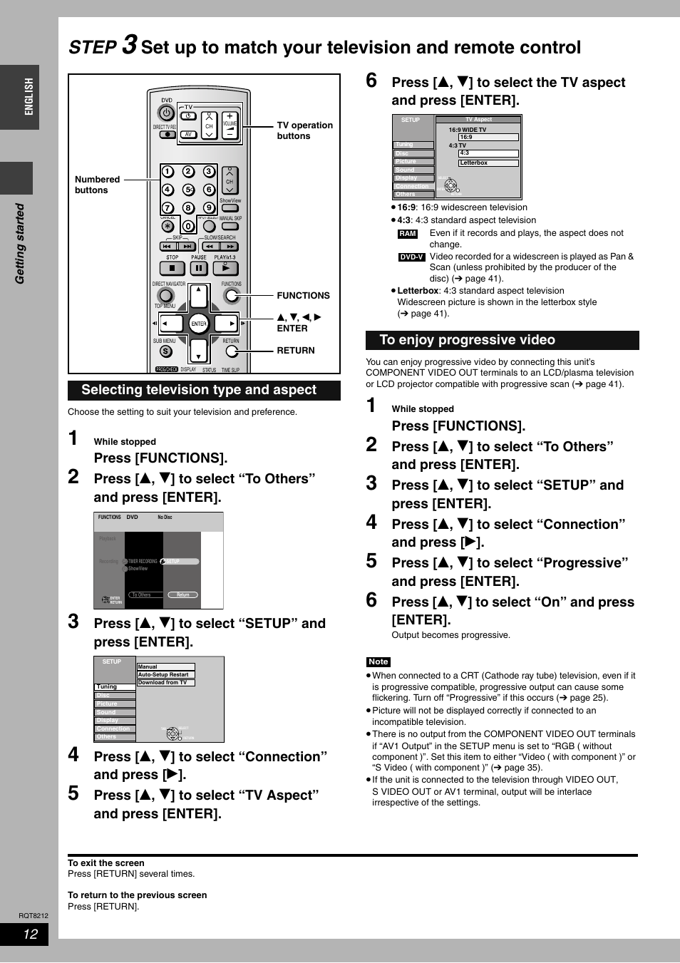 Step, Set up to match your television and remote control, Press [functions | Press [ e , r ] to select “setup” and press [enter, Press [ e , r ] to select “on” and press [enter, Selecting television type and aspect | Panasonic DMR-ES20  EN User Manual | Page 12 / 48