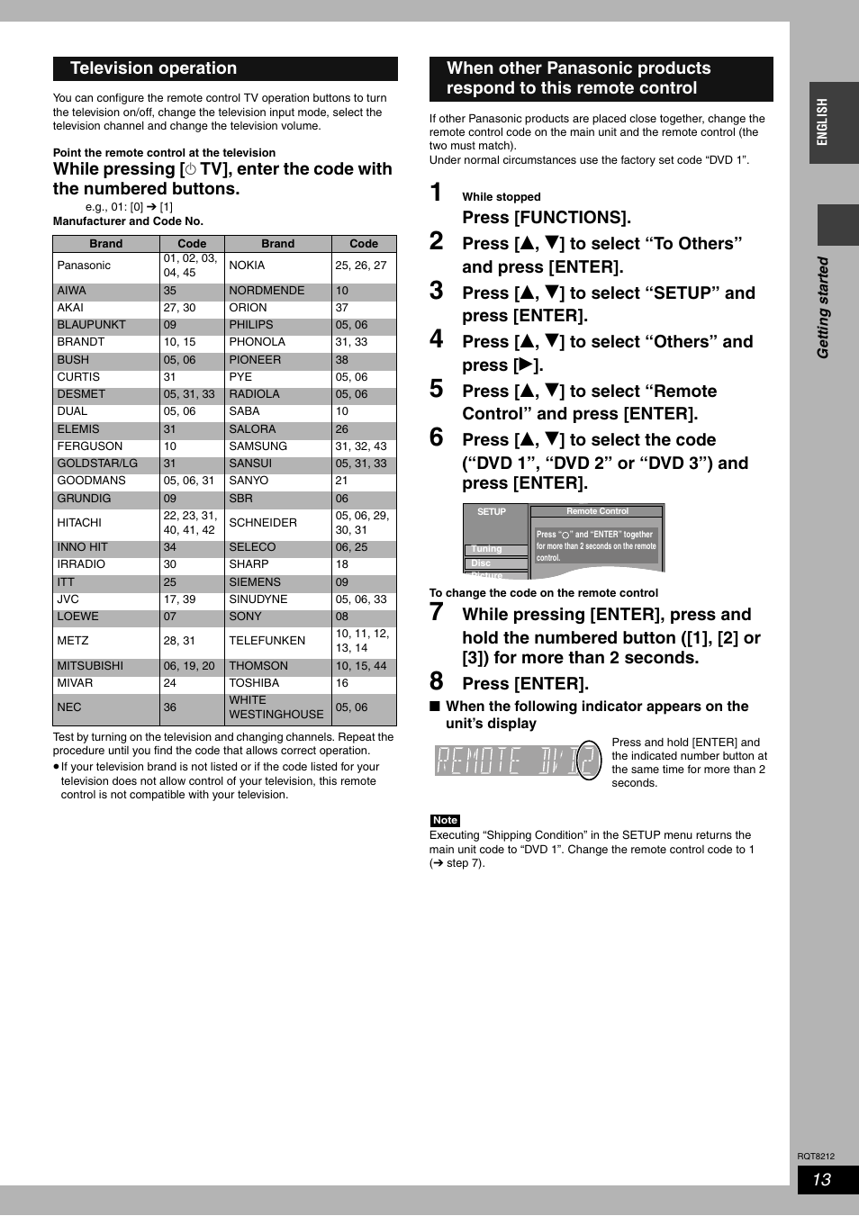 Press [functions, Press [ e , r ] to select “setup” and press [enter, Press [ e , r ] to select “others” and press [ q | Press [enter, Television operation | Panasonic DMR-ES20  EN User Manual | Page 13 / 48