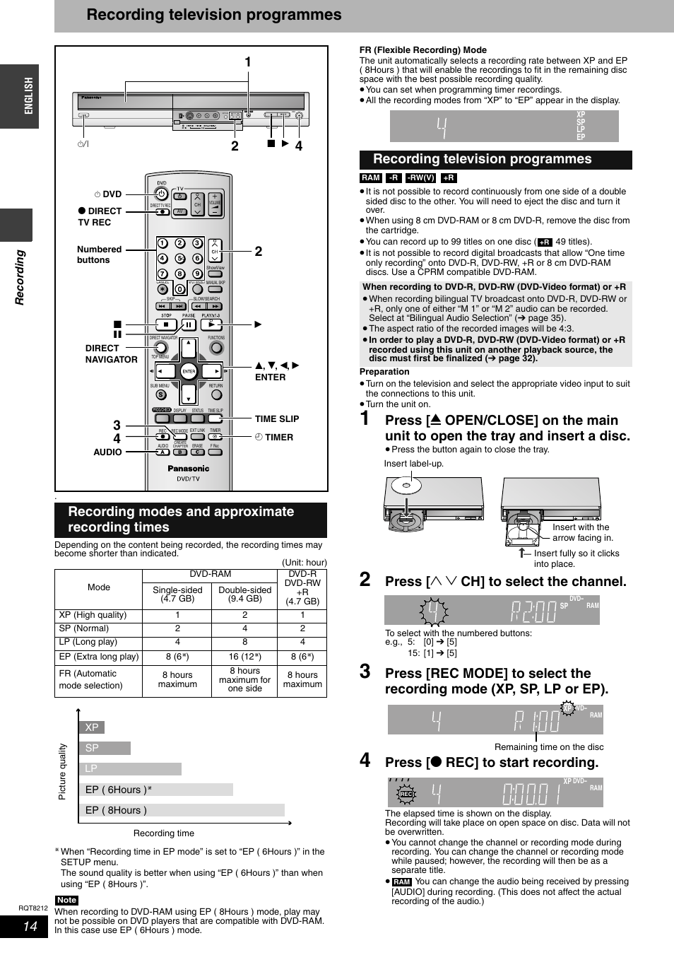 Recording television programmes, Press [ 1 2 ch] to select the channel, Press [ * rec] to start recording | Recording modes and approximate recording times | Panasonic DMR-ES20  EN User Manual | Page 14 / 48