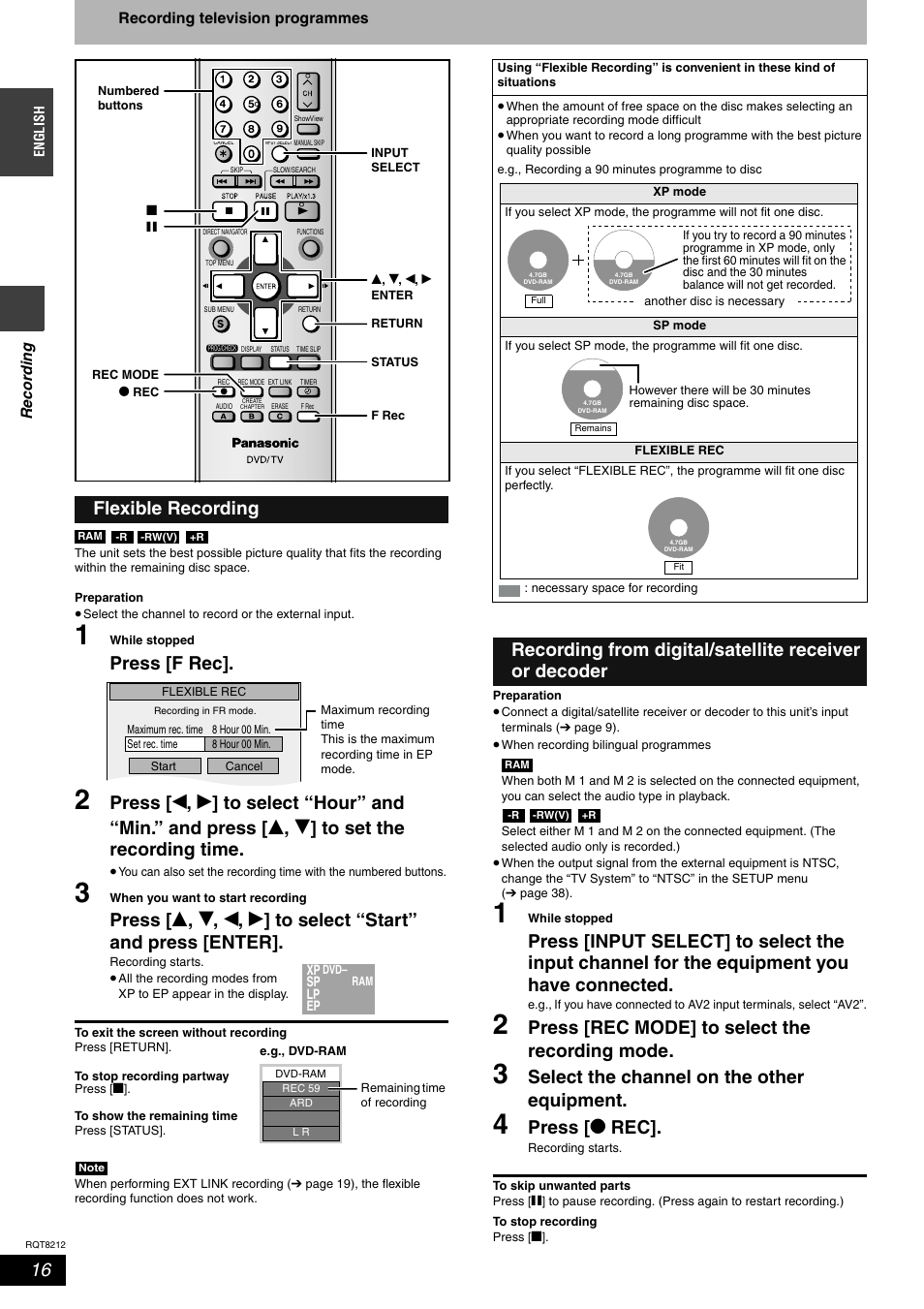 Press [f rec, Press [rec mode] to select the recording mode, Select the channel on the other equipment | Press [ * rec, Flexible recording | Panasonic DMR-ES20  EN User Manual | Page 16 / 48