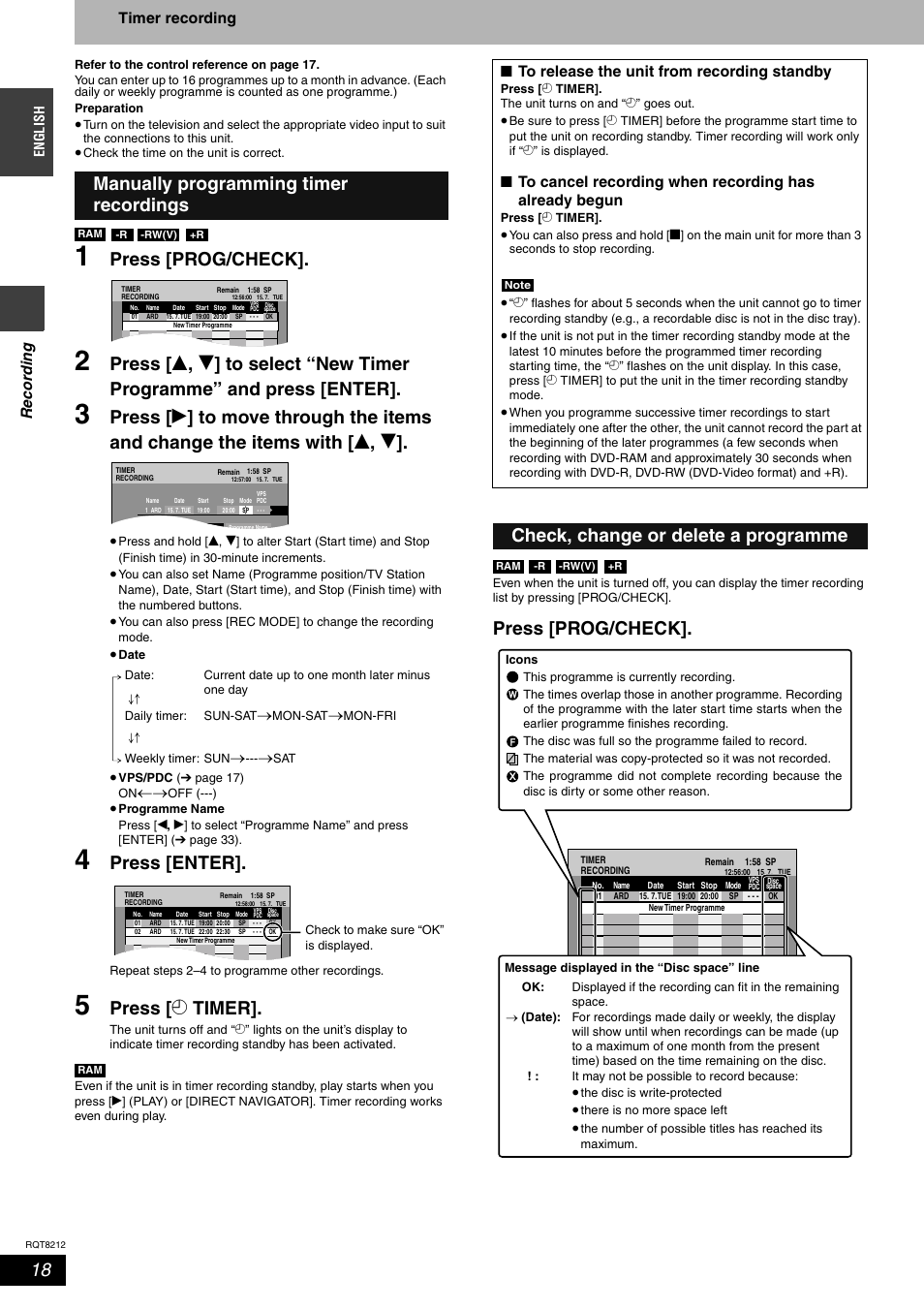 Press [prog/check, Press [enter, Press [ z timer | Check, change or delete a programme, Recording, Timer recording | Panasonic DMR-ES20  EN User Manual | Page 18 / 48