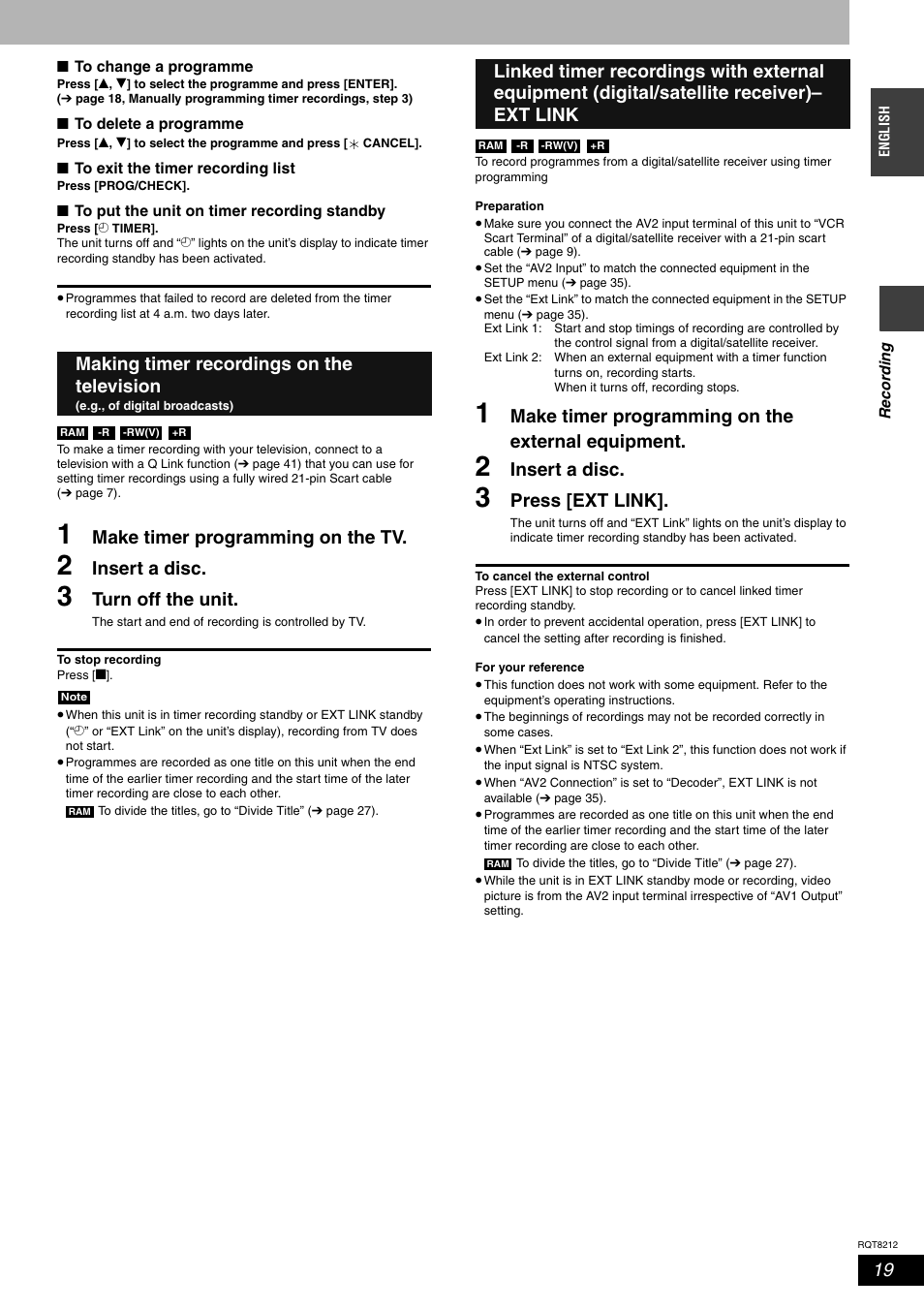 Make timer programming on the tv, Insert a disc, Turn off the unit | Make timer programming on the external equipment, Press [ext link, Making timer recordings on the television | Panasonic DMR-ES20  EN User Manual | Page 19 / 48