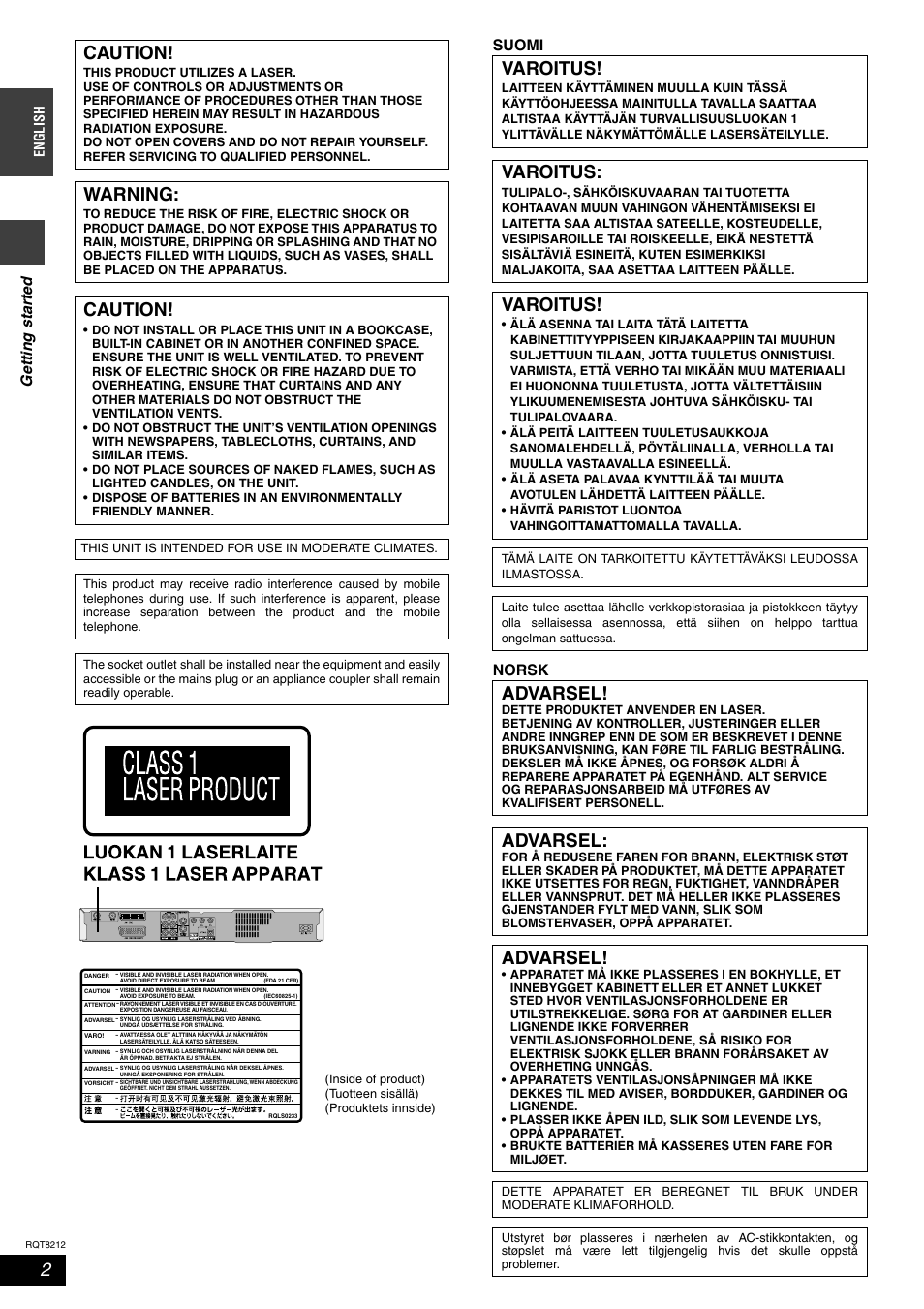 Caution, Warning, Varoitus | Advarsel, Ge tti n g st art e d, Suomi norsk | Panasonic DMR-ES20  EN User Manual | Page 2 / 48