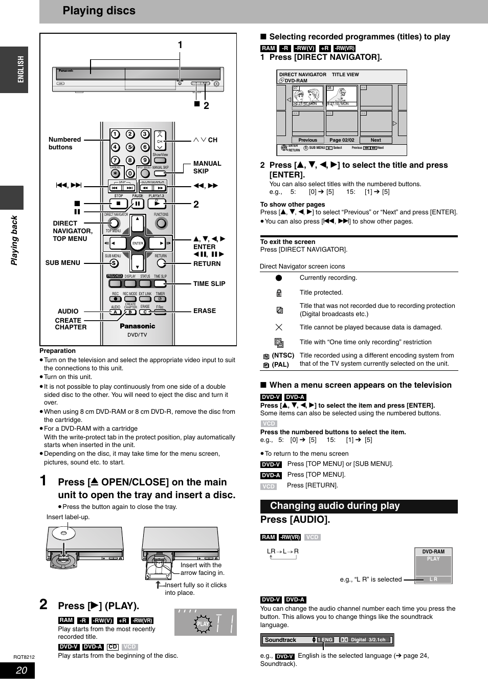 Playing discs, Press [ q ] (play), Press [audio | Changing audio during play, Pla y ing ba ck, When a menu screen appears on the television | Panasonic DMR-ES20  EN User Manual | Page 20 / 48