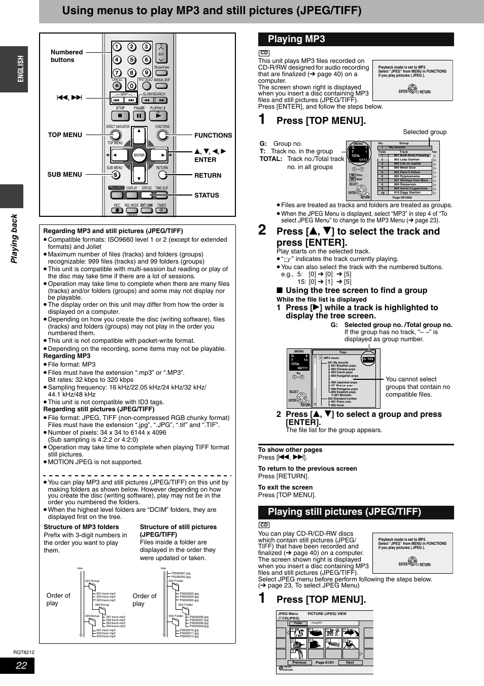 Press [top menu, Playing mp3 playing still pictures (jpeg/tiff), Pla y ing ba ck | Using the tree screen to find a group, En gl is h | Panasonic DMR-ES20  EN User Manual | Page 22 / 48