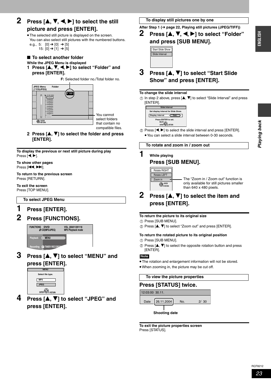 Press [enter, Press [functions, Press [ e , r ] to select “menu” and press [enter | Press [ e , r ] to select “jpeg” and press [enter, Press [sub menu, Press [status] twice | Panasonic DMR-ES20  EN User Manual | Page 23 / 48