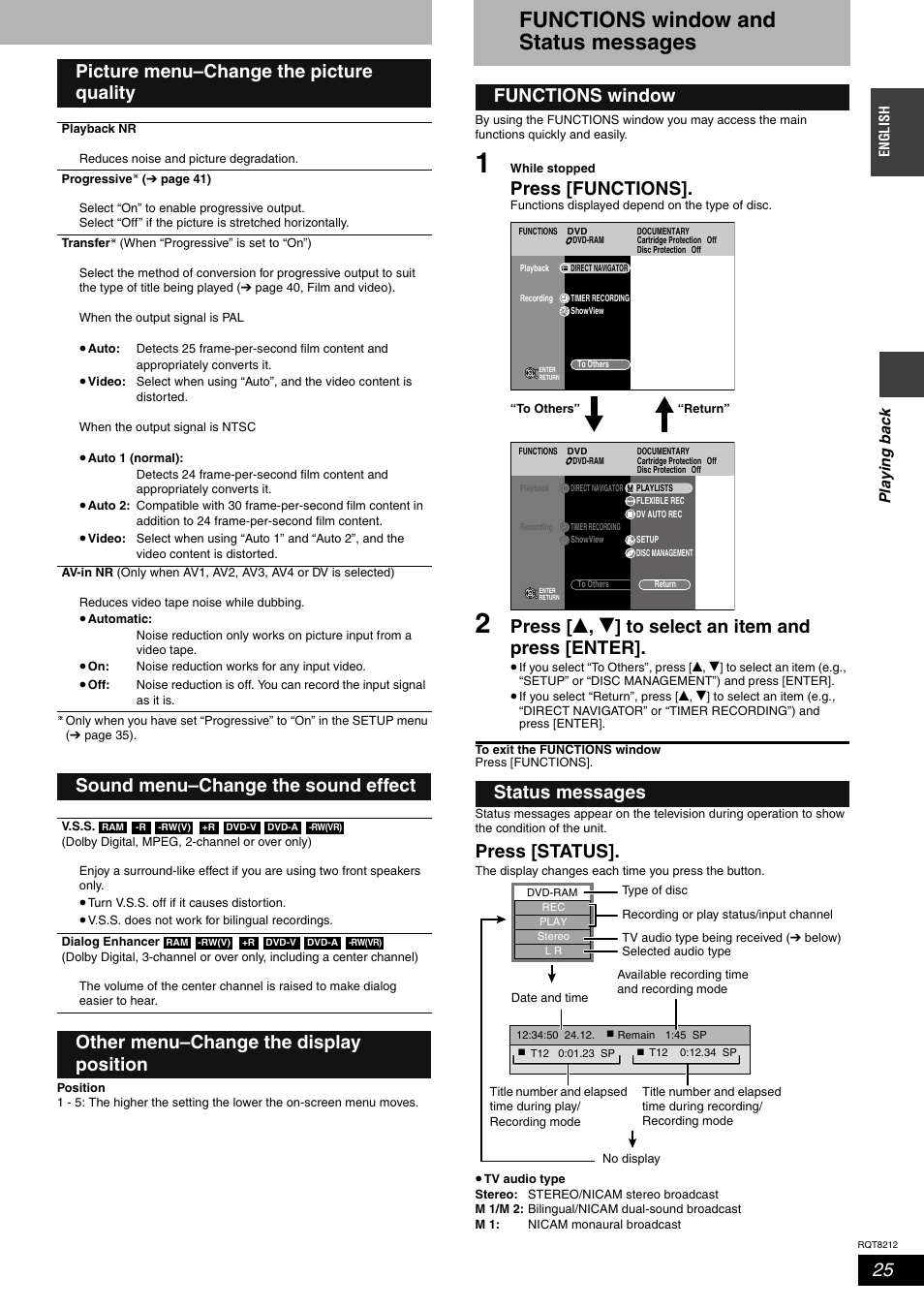 Functions window and status messages, Press [functions, Press [ e , r ] to select an item and press [enter | Press [status, Picture menu–change the picture quality, Sound menu–change the sound effect, Other menu–change the display position, Functions window status messages | Panasonic DMR-ES20  EN User Manual | Page 25 / 48