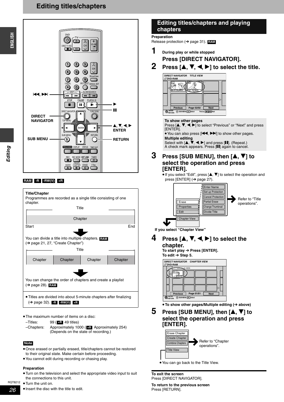 Editing titles/chapters, Press [direct navigator, Press [ e , r , w , q ] to select the title | Press [ e , r , w , q ] to select the chapter, Editing titles/chapters and playing chapters, Ed it in g | Panasonic DMR-ES20  EN User Manual | Page 26 / 48