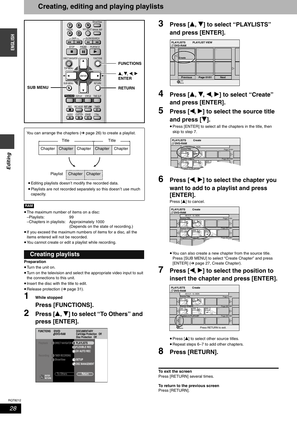 Creating, editing and playing playlists, Press [functions, Press [return | Creating playlists, Ed it in g, En gl is h | Panasonic DMR-ES20  EN User Manual | Page 28 / 48