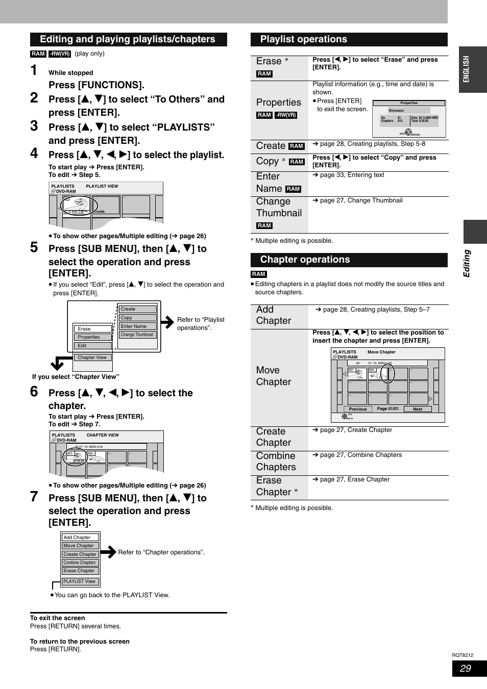 Press [functions, Press [ e , r , w , q ] to select the playlist, Press [ e , r , w , q ] to select the chapter | Editing and playing playlists/chapters, Playlist operations erase, Properties, Create, Copy, Enter name, Change thumbnail | Panasonic DMR-ES20  EN User Manual | Page 29 / 48