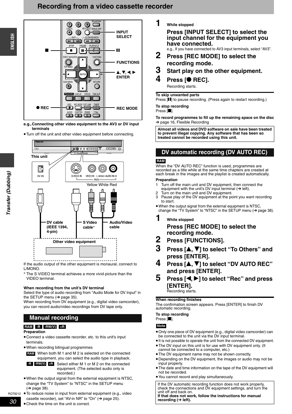 Recording from a video cassette recorder, Press [rec mode] to select the recording mode, Start play on the other equipment | Press [ * rec, Press [functions, Press [ w , q ] to select “rec” and press [enter, Manual recording, Dv automatic recording (dv auto rec) | Panasonic DMR-ES20  EN User Manual | Page 30 / 48