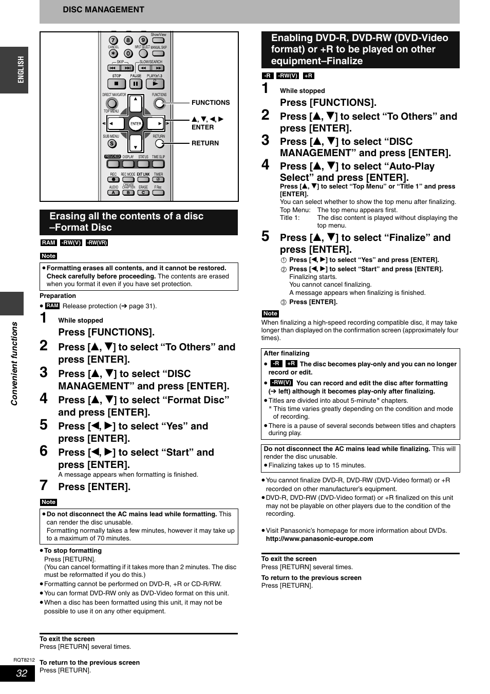 Press [functions, Press [ w , q ] to select “yes” and press [enter, Press [ w , q ] to select “start” and press [enter | Press [enter, Erasing all the contents of a disc –format disc | Panasonic DMR-ES20  EN User Manual | Page 32 / 48