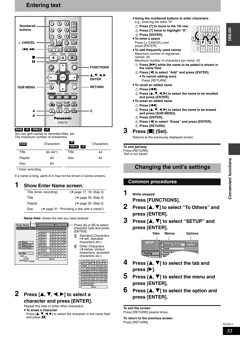 Entering text, Changing the unit’s settings, Show enter name screen | Press [ g ] (set), Press [functions, Press [ e , r ] to select “setup” and press [enter, Press [ e , r ] to select the tab and press [ q, Common procedures, Con ven ie nt f unct ions, En gl is h | Panasonic DMR-ES20  EN User Manual | Page 33 / 48