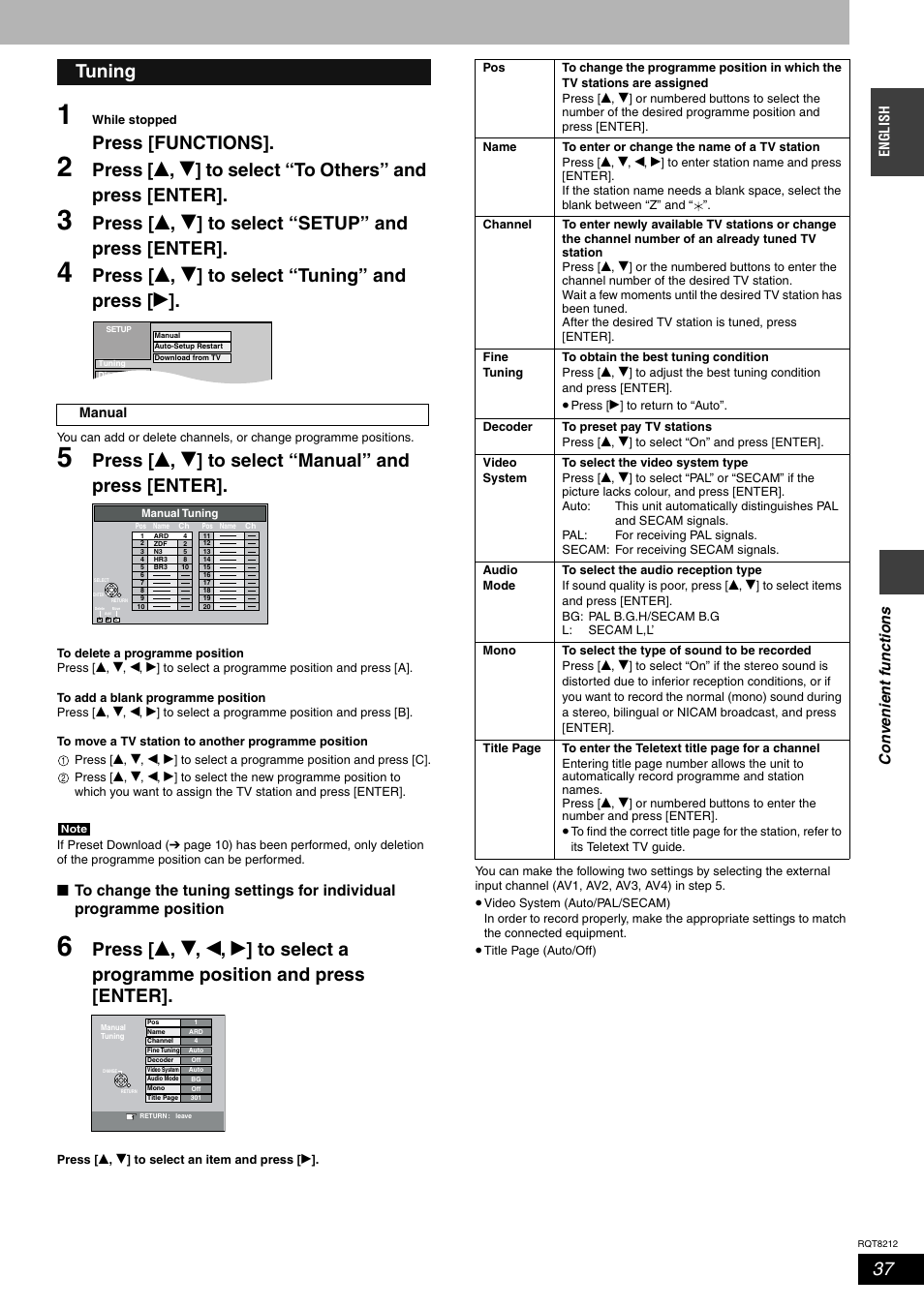 Press [functions, Press [ e , r ] to select “setup” and press [enter, Press [ e , r ] to select “tuning” and press [ q | Tuning | Panasonic DMR-ES20  EN User Manual | Page 37 / 48