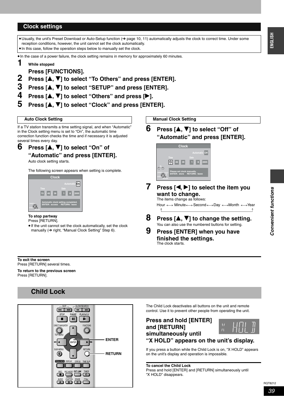 Child lock, Press [functions, Press [ e , r ] to select “setup” and press [enter | Press [ e , r ] to select “others” and press [ q, Press [ e , r ] to select “clock” and press [enter, Press [ e , r ] to change the setting, Press [enter] when you have finished the settings, Clock settings | Panasonic DMR-ES20  EN User Manual | Page 39 / 48