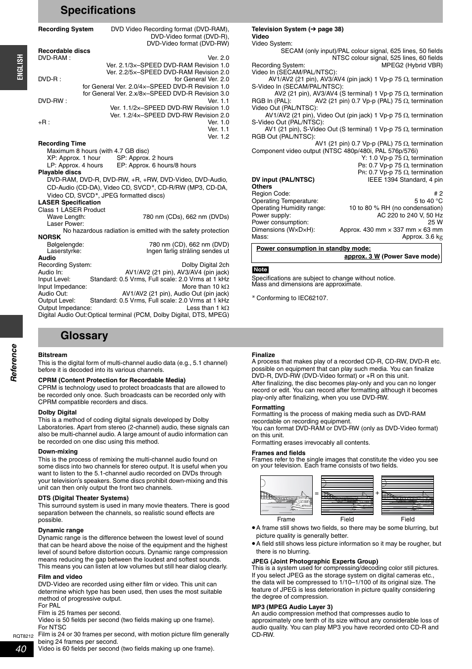 Specifications, Glossary | Panasonic DMR-ES20  EN User Manual | Page 40 / 48