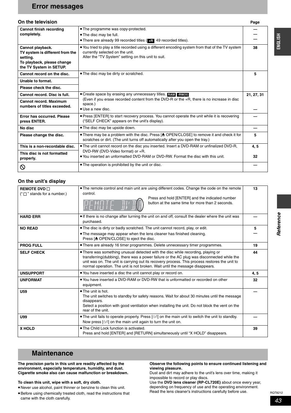 Error messages, Maintenance | Panasonic DMR-ES20  EN User Manual | Page 43 / 48