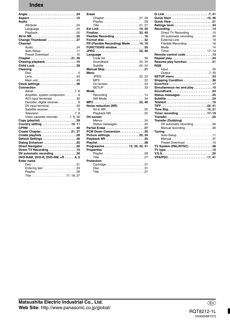 Index | Panasonic DMR-ES20  EN User Manual | Page 48 / 48