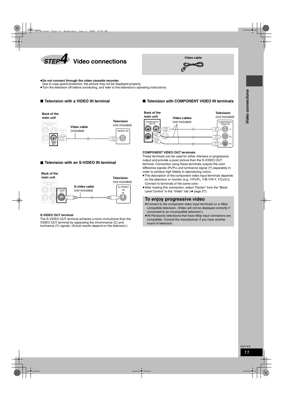 Step, Video connections, Television with component video in terminals | Vide o c onne c tions | Panasonic SC-HT730 User Manual | Page 11 / 40