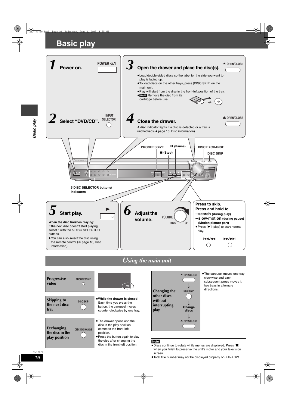 Basic play, Sing the main unit, Adjust the volume | Start play, Open the drawer and place the disc(s), Select “dvd/cd, Power on, Close the drawer | Panasonic SC-HT730 User Manual | Page 16 / 40