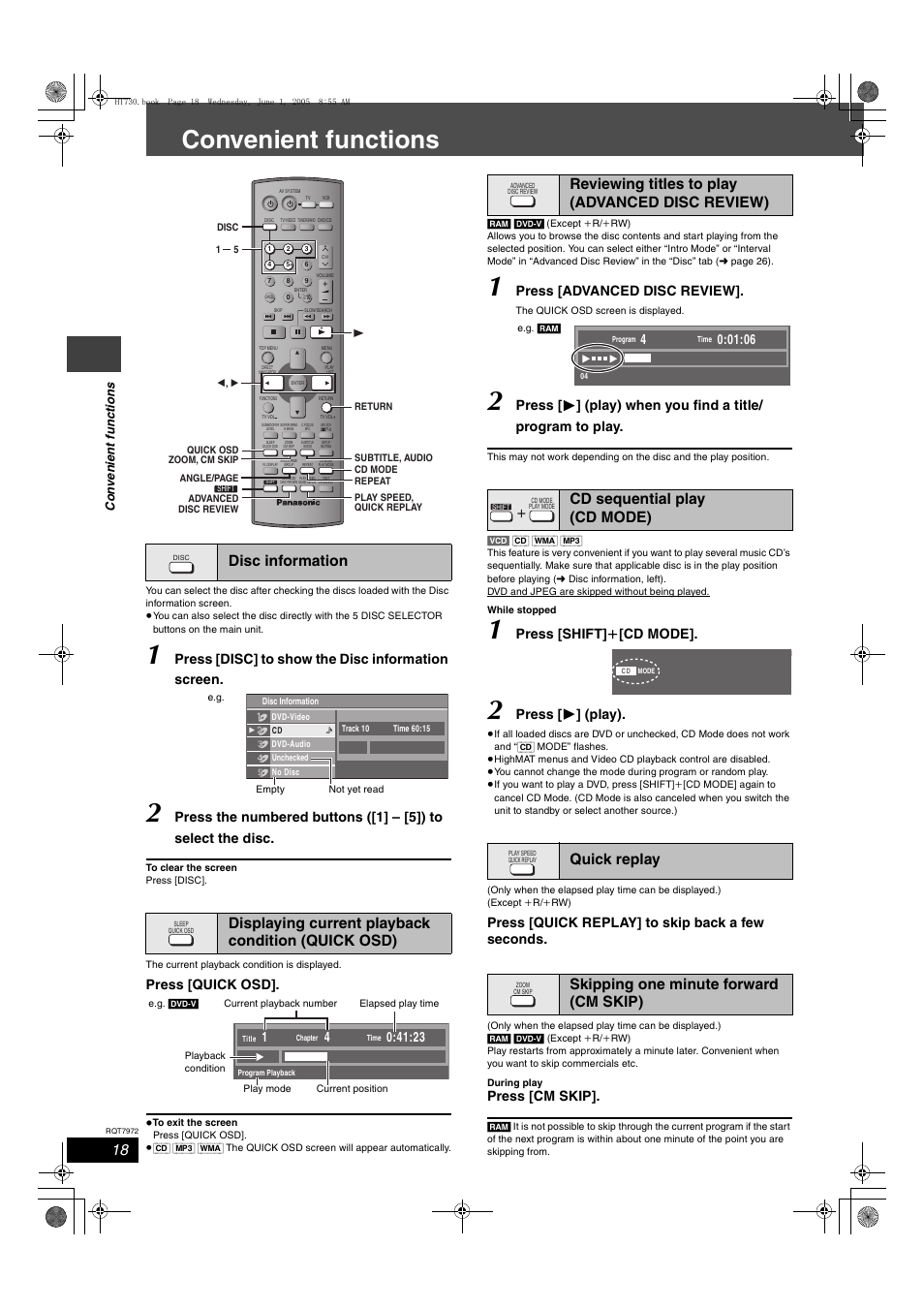 Convenient functions, Press [disc] to show the disc information screen, Press [quick osd | Press [advanced disc review, Press [shift] i [cd mode, Press [ 1 ] (play), Press [quick replay] to skip back a few seconds, Press [cm skip | Panasonic SC-HT730 User Manual | Page 18 / 40