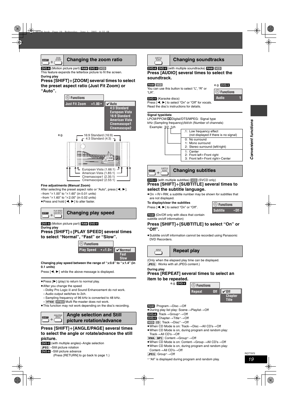 Changing soundtracks, Changing subtitles repeat play, Press [shift] i [subtitle] to select “on” or “off | Panasonic SC-HT730 User Manual | Page 19 / 40