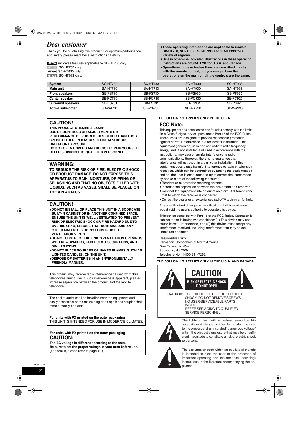 Dear customer, Caution, Warning | Panasonic SC-HT730 User Manual | Page 2 / 40