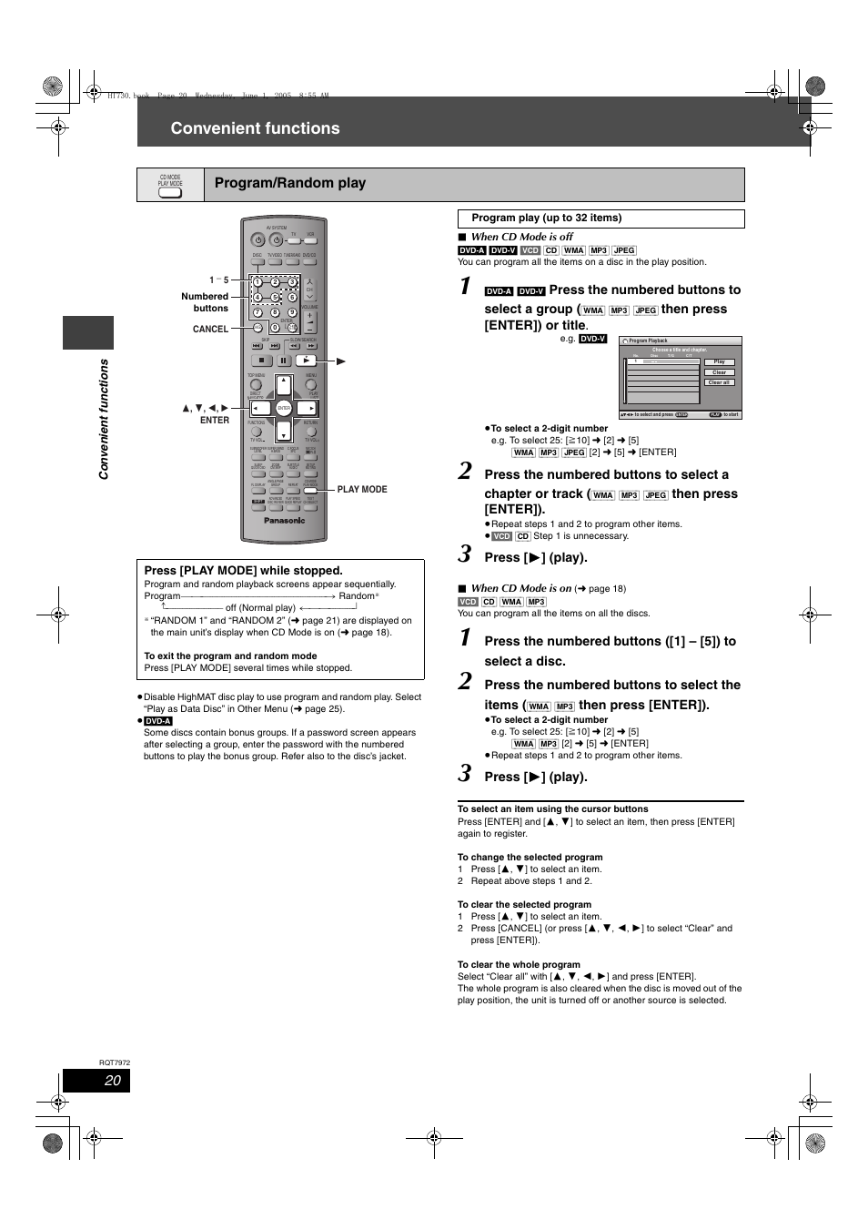 Convenient functions, Program/random play, Press the numbered buttons to select a group | Then press [enter]) or title, Then press [enter]), Press [ 1 ] (play), Press the numbered buttons to select the items, Press [play mode] while stopped | Panasonic SC-HT730 User Manual | Page 20 / 40