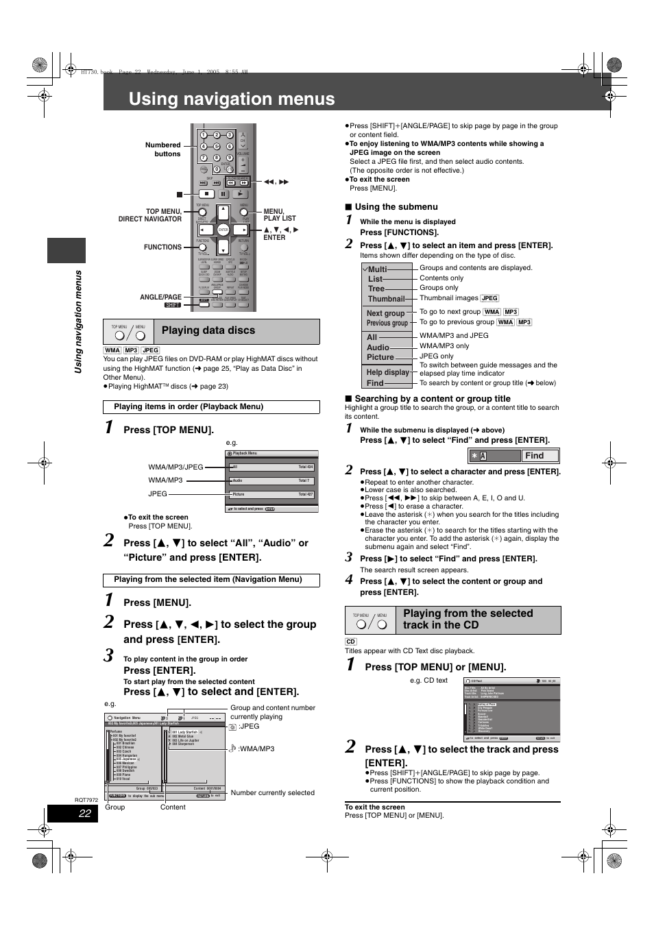 Using navigation menus, Press, Playing data discs | Playing from the selected track in the cd, Press [top menu, Press [menu, Enter, Press [enter, Press [ 3 , 4, Press [top menu] or [menu | Panasonic SC-HT730 User Manual | Page 22 / 40