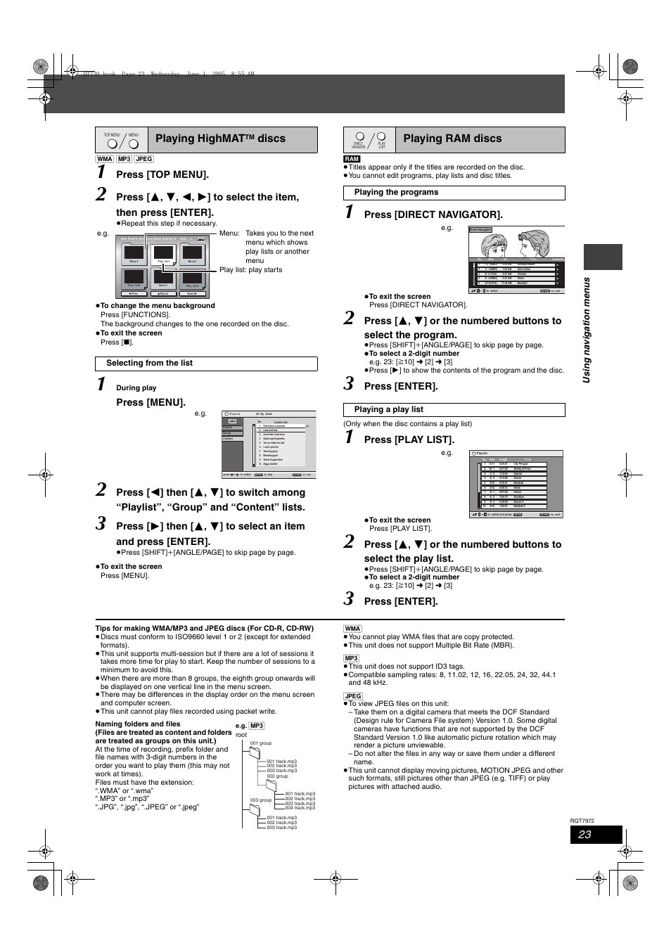 Playing highmat, Discs, Playing ram discs | Press [top menu, Press [menu, Press [direct navigator, Press [enter, Press [play list, Us in g na v iga tion me n u s | Panasonic SC-HT730 User Manual | Page 23 / 40