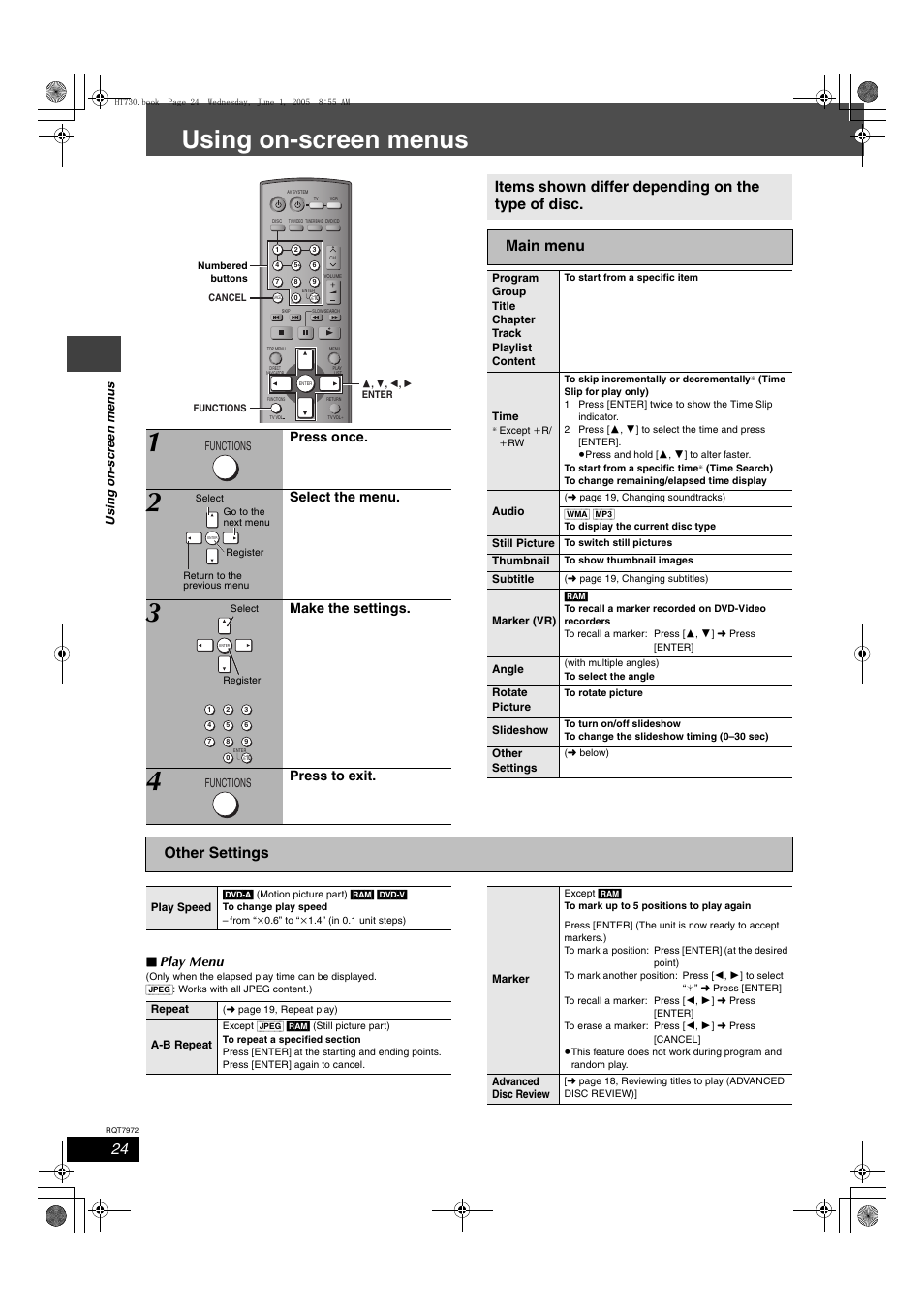 Using on-screen menus, Other settings, Play menu | Press once, Select the menu, Make the settings, Press to exit | Panasonic SC-HT730 User Manual | Page 24 / 40