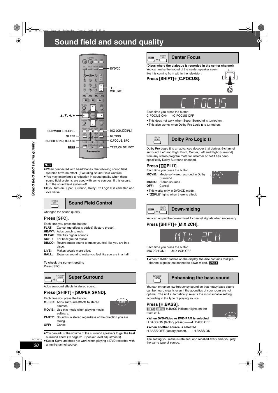 Sound field and sound quality, Sound field control super surround, Press [sfc | Press [shift] i [super srnd, Press [shift] i [c.focus, Press [ î plii, Press [shift] i [mix 2ch, Press [h.bass | Panasonic SC-HT730 User Manual | Page 30 / 40