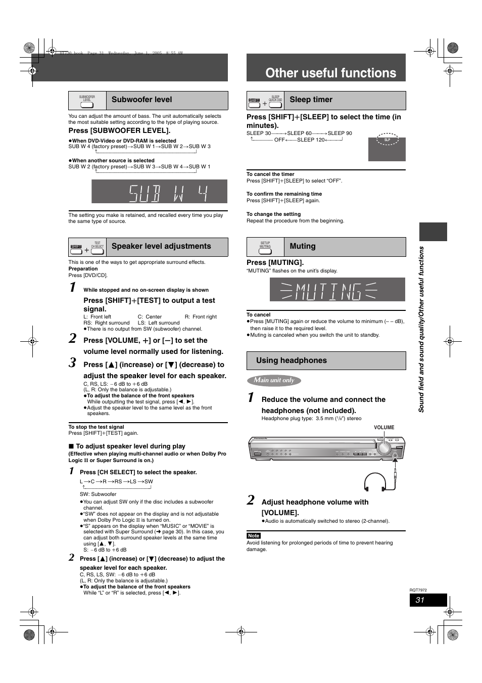 Other useful functions, Subwoofer level speaker level adjustments, Sleep timer muting using headphones | Press [subwoofer level, Press [shift] i [test] to output a test signal, Press [muting, Adjust headphone volume with [volume, Open close disc exchange disc skip | Panasonic SC-HT730 User Manual | Page 31 / 40