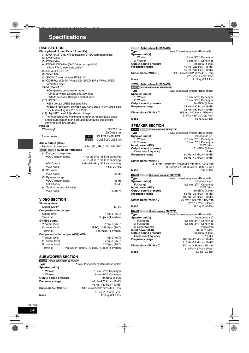 Specifications, Sp ec if icat io n s | Panasonic SC-HT730 User Manual | Page 34 / 40