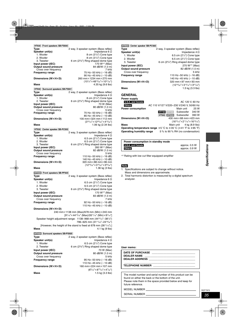 Sp ec if icat io n s, General | Panasonic SC-HT730 User Manual | Page 35 / 40