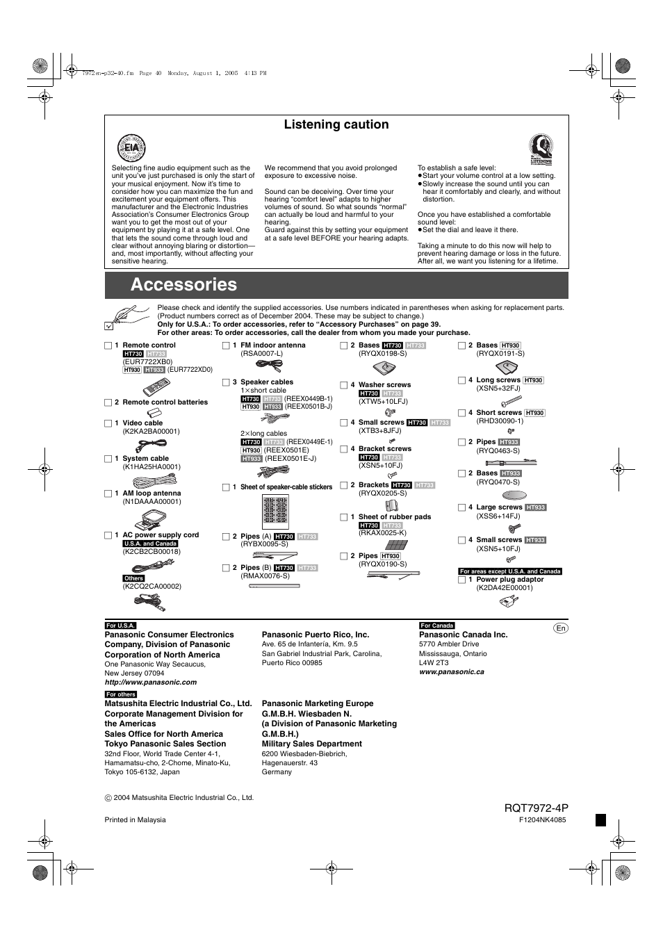 Accessories, Listening caution | Panasonic SC-HT730 User Manual | Page 40 / 40