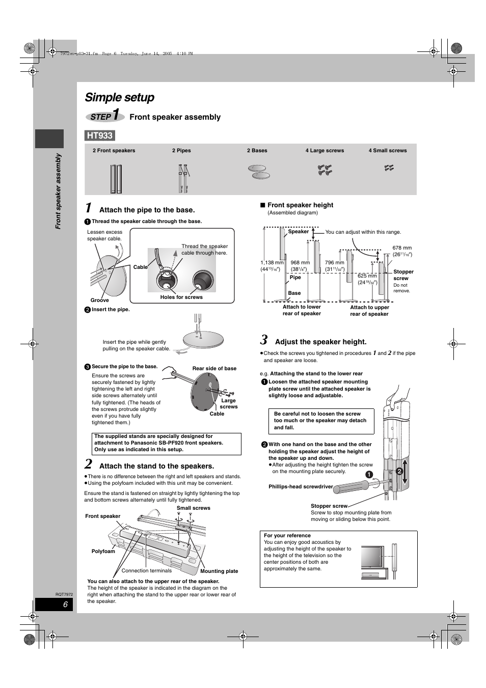 Simple setup, Ht933, Step | Front speaker assembly | Panasonic SC-HT730 User Manual | Page 6 / 40