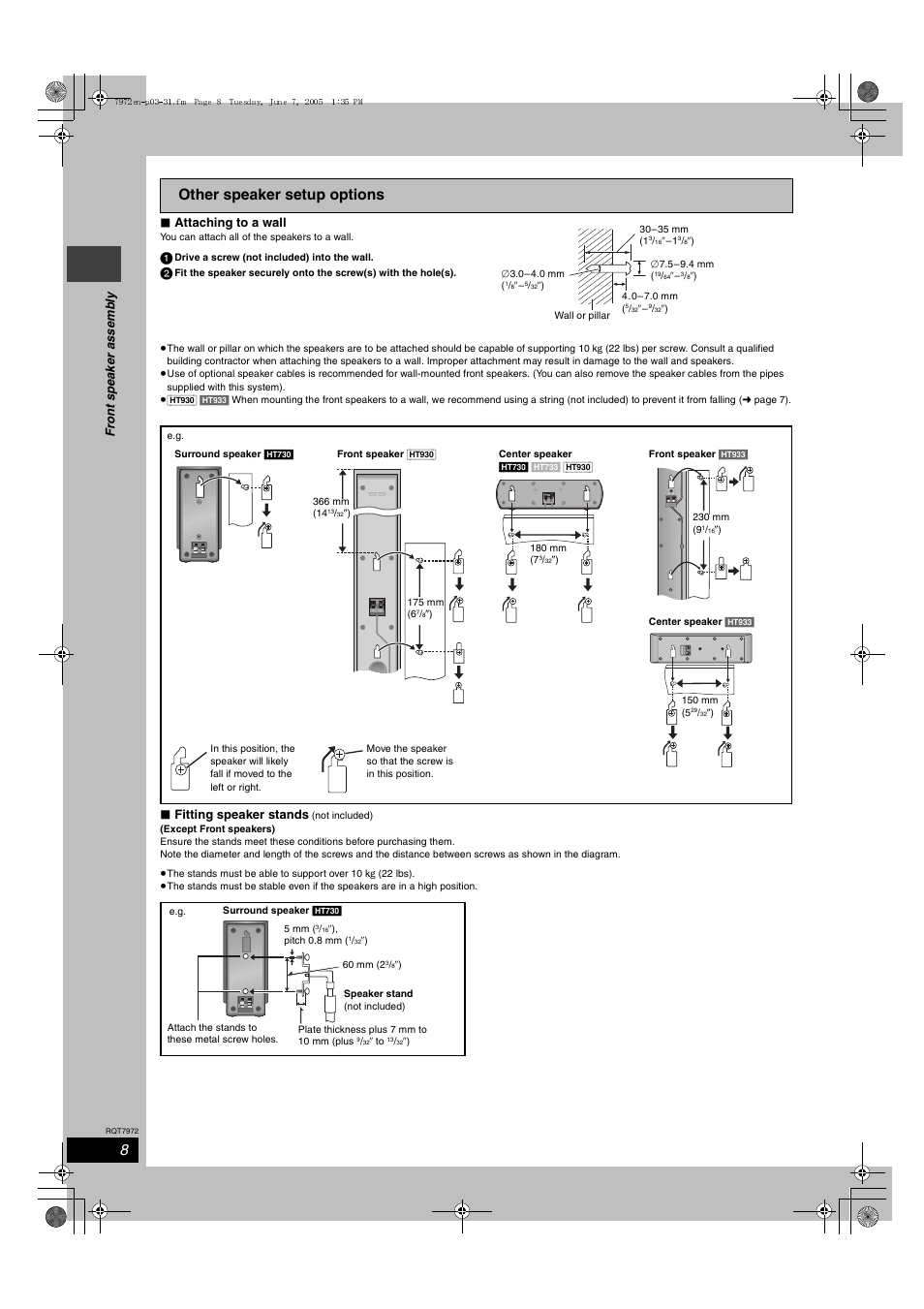 Other speaker setup options, Fro n t sp eak er asse mb ly ∫ attaching to a wall, Fitting speaker stands | Panasonic SC-HT730 User Manual | Page 8 / 40