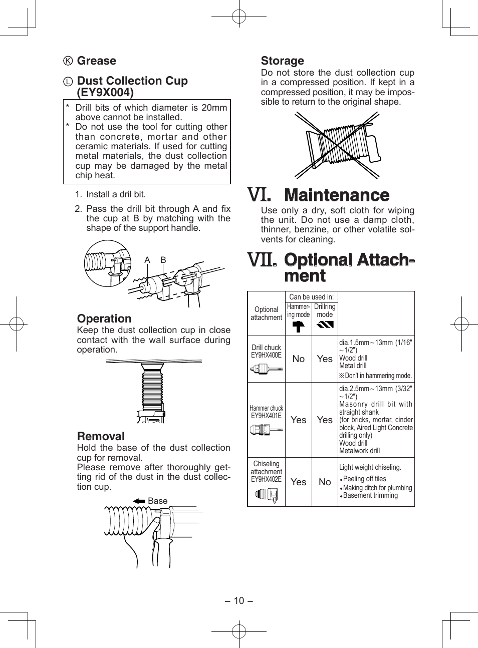 Maintenance, Optional attach- ment, Grease dust collection cup (ey9x004) | Operation, Removal, Storage | Panasonic EY6813 User Manual | Page 10 / 12